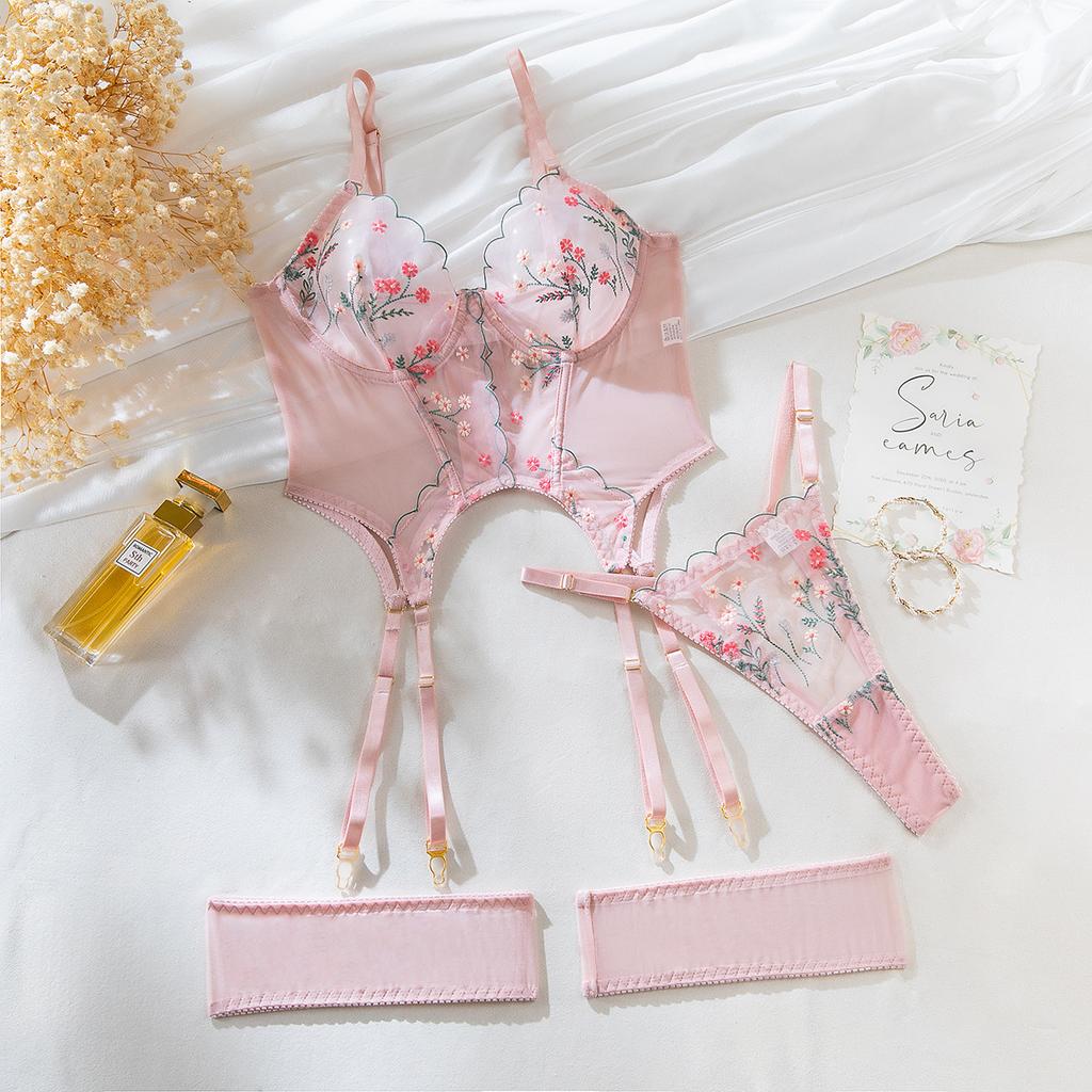 Fashion Sexy fishbone vest bra top removable garter belt transparent mesh embroidered small floral women's sex underwear