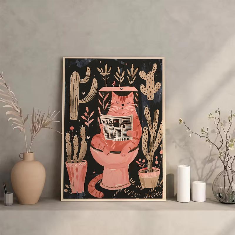 Funny Black Cat Animals On The Toilet Reading Poster Bath Prints Canvas Painting Wall Art Pictures for Toilet WC Home Decor