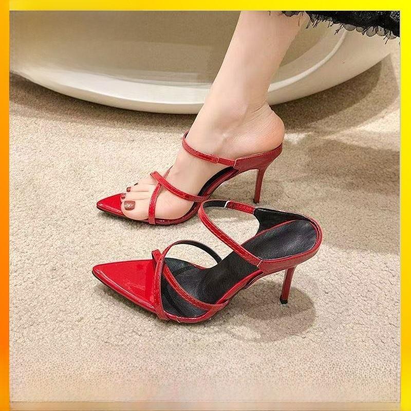 Eleganti Sandali Rossi e Neri con Tacco Alto e Punta Aperta per Scarpe Estive da Donna