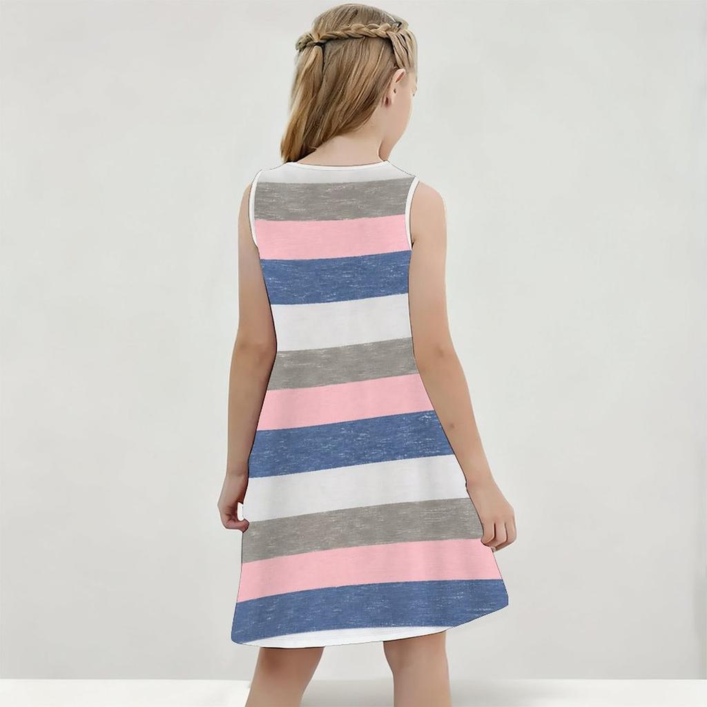 Girls Round Neck Sleeveless Printed A Line Flared Hem Dress