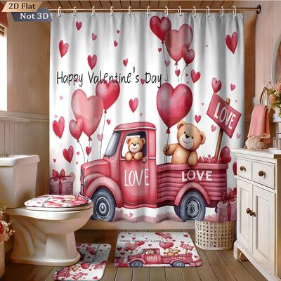 4pcs Valentine's Day Romantic Rose Flower Printed Bathroom Set Waterproof Shower Curtain Floor Mat Toilet Mat U-Shaped Mat