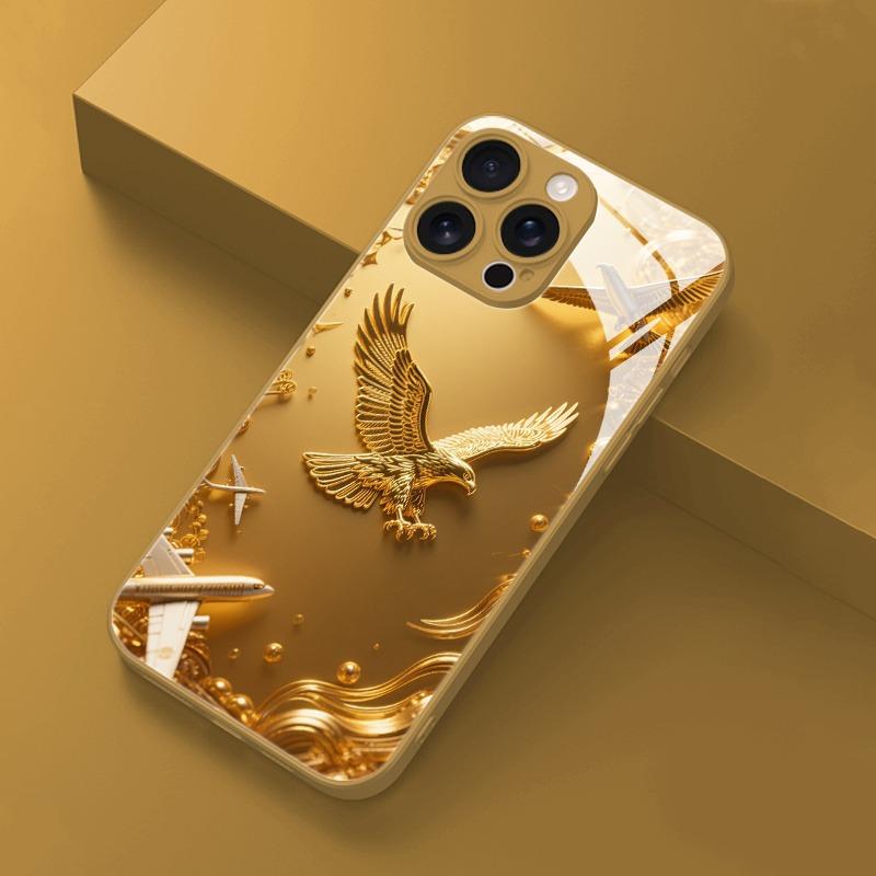 Golden Eagle Pattern Gold Metallic Paint Glass Phone Case For iPhone 17 16 15 14 13 12 11 Pro Max 15 14 Plus 17Air 16E Cover