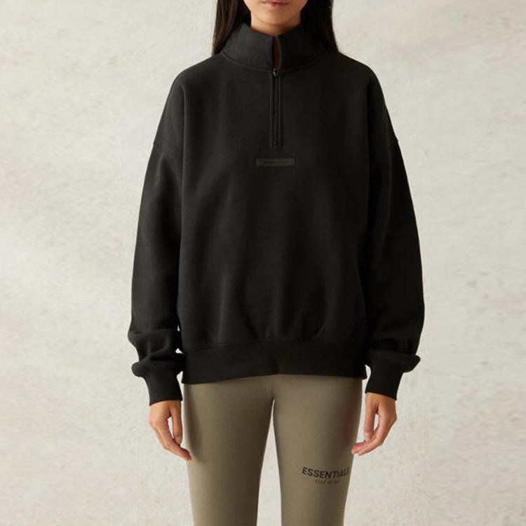 Fear of God Essentials SS21 Mockneck Half-Zip Fleece Sweatshirt With Logo Print Unisex Tops Black FOG-SS21-575