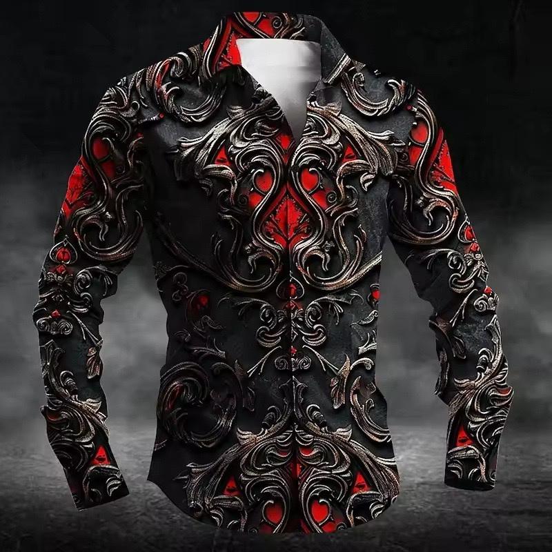 Men's Fashion Retro Textured Print Shirt, Long-Sleeve Lapel Outdoor Street Style Trendy Versatile Men's Top