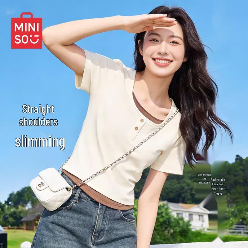 MINISO Women s 2026 Summer Slim Fit Fake Two-piece T-shirt S
