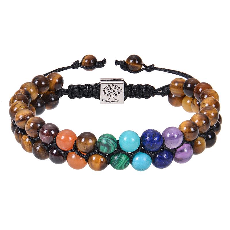 European & American Fashion Malachite Double-Layer Tree of Life Bracelet with Seven-Color Stones