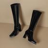 Knee High Boots Autumn New Square Toe Metal Head Guard Patent Leather Back Zip Non-Slip Block Heel Thigh Boots