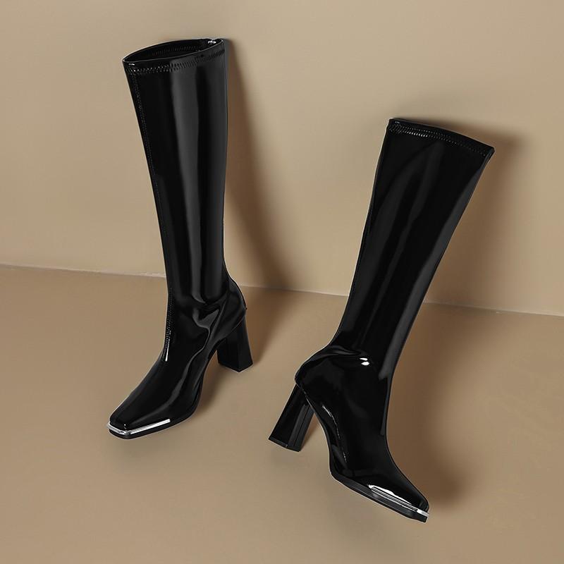 Knee High Boots Autumn New Square Toe Metal Head Guard Patent Leather Back Zip Non-Slip Block Heel Thigh Boots