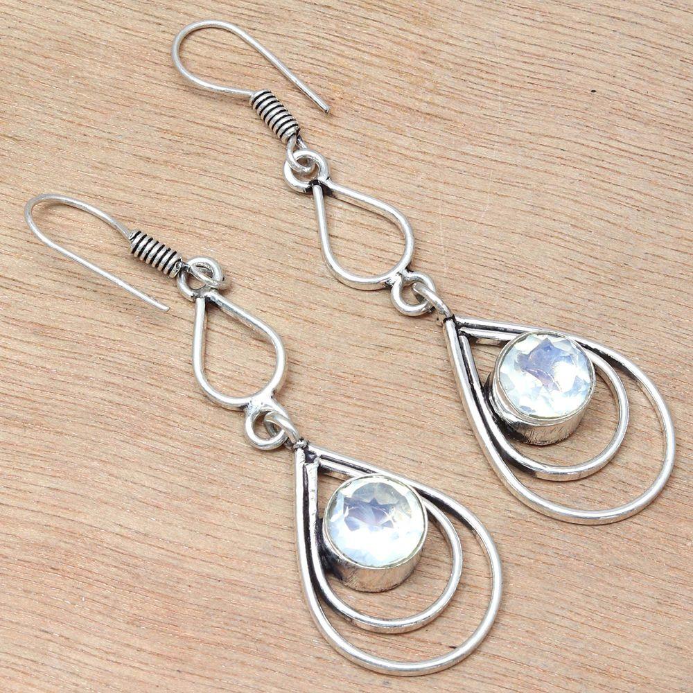 White Topaz Gemstone Handmade Silver Jewelry Earrings 1.5''