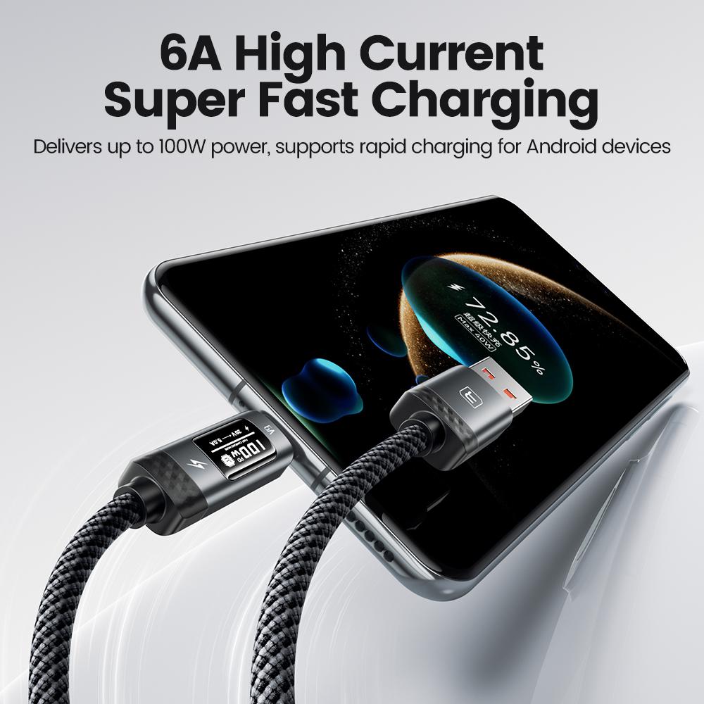 Toocki 100W USB A Cbale Fast Charging OLED Digital Display 6A USB To Type C Data Cord For iPhone 16 17 Huawei 70 Honor 80 Pro