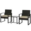 Rattan Bistro Set, 3 Piece Garden Furniture Set with Glass Top Table and Cushions, Khaki