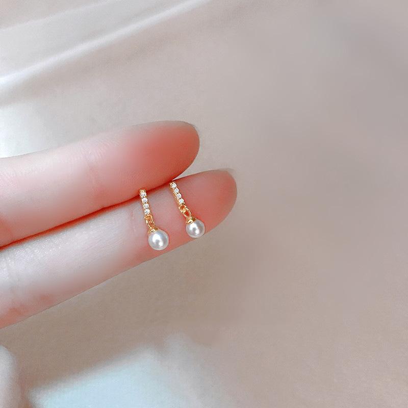 Women Gold Faux Pearl Micro Inlaid Row Diamond Stud Earrings