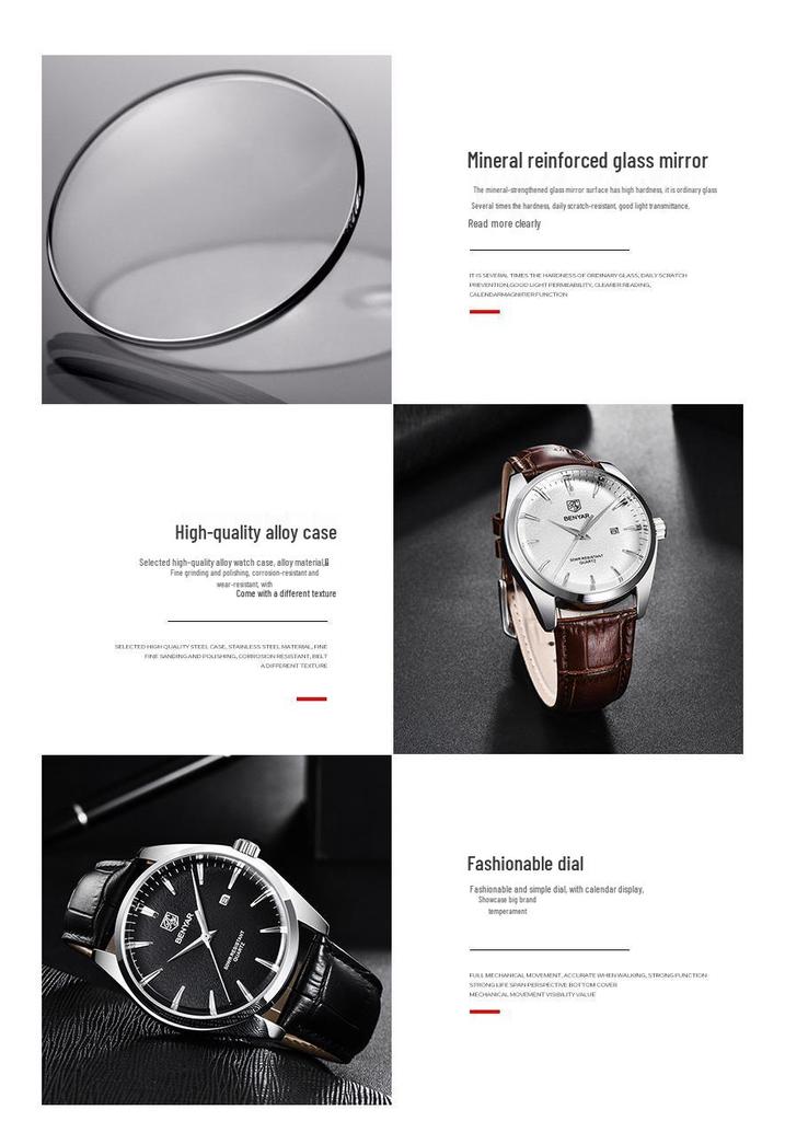 Binyan Men's Fashion Quartz Genuine Leather Waterproof Watch 5163