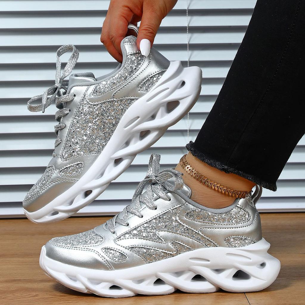 Bling Leather Pink Women Sports Shoes Thick Sole Glitter Sparkling Women Casual Shoes High Quality Walking Shoes Ladies Sneakers