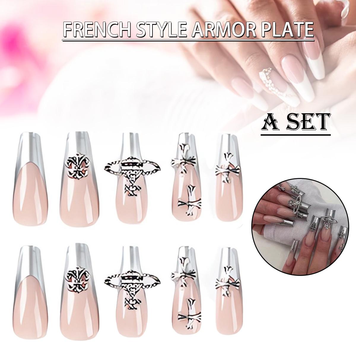 

Tingml, 24 шт., длительное нажатие на ногти, французские кончики, серебряные акриловые ногти, накладные ногти в виде гроба