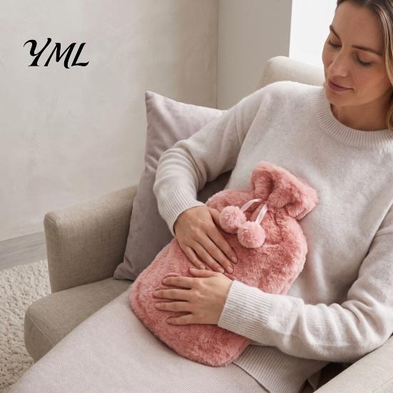 Explosion Proof Hot Water Bag 2L Bottle with Plush Cover, Pompom Drawstring Portable Bag, Winter Warm for Hands, Feet, Stomach
