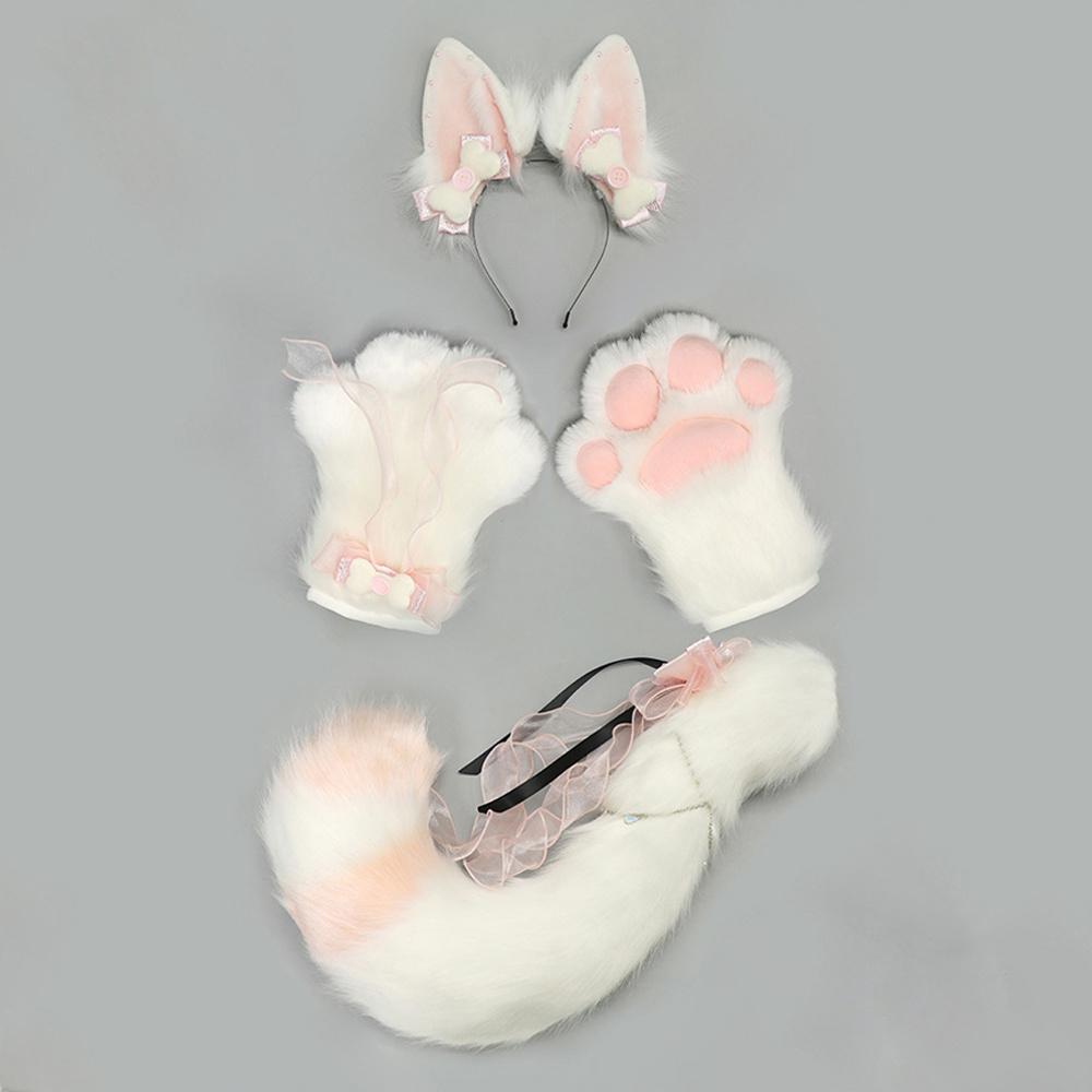 4Pcs/Set Kitsune Fox Ears & Tail & Paw Gloves Plush Anime Cosplay Prop For Lolita Furry Convention Halloween Costume Accessories