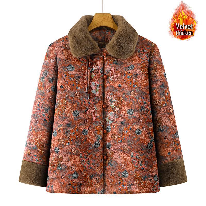 Winter Plus Velvet Coat for Middle-Aged and Elderly Women, Elegant Chinese Style Mother's Clothing, Warm Thick Cotton Jacket.