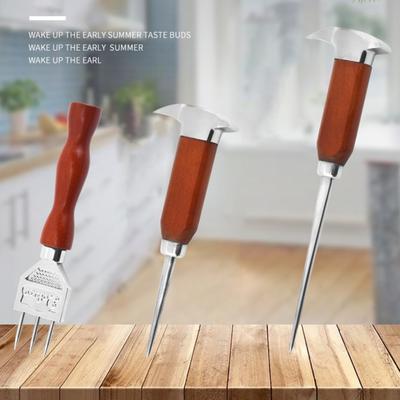 Ice Pick Multipurpose Three Pronged Solid Wood Handle Comfortable Grip Labor-saving Crushing Stainless Steel Cocktail Bartender Manual Ice Chipper Bar