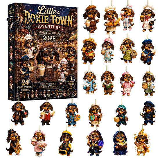 Dachshund Themed Party Supplies 2026 Christmas Advent Calendar, 24 Day Countdown Box with 2D Miniature Puppy Character Set Acrylic Ornaments, Festive