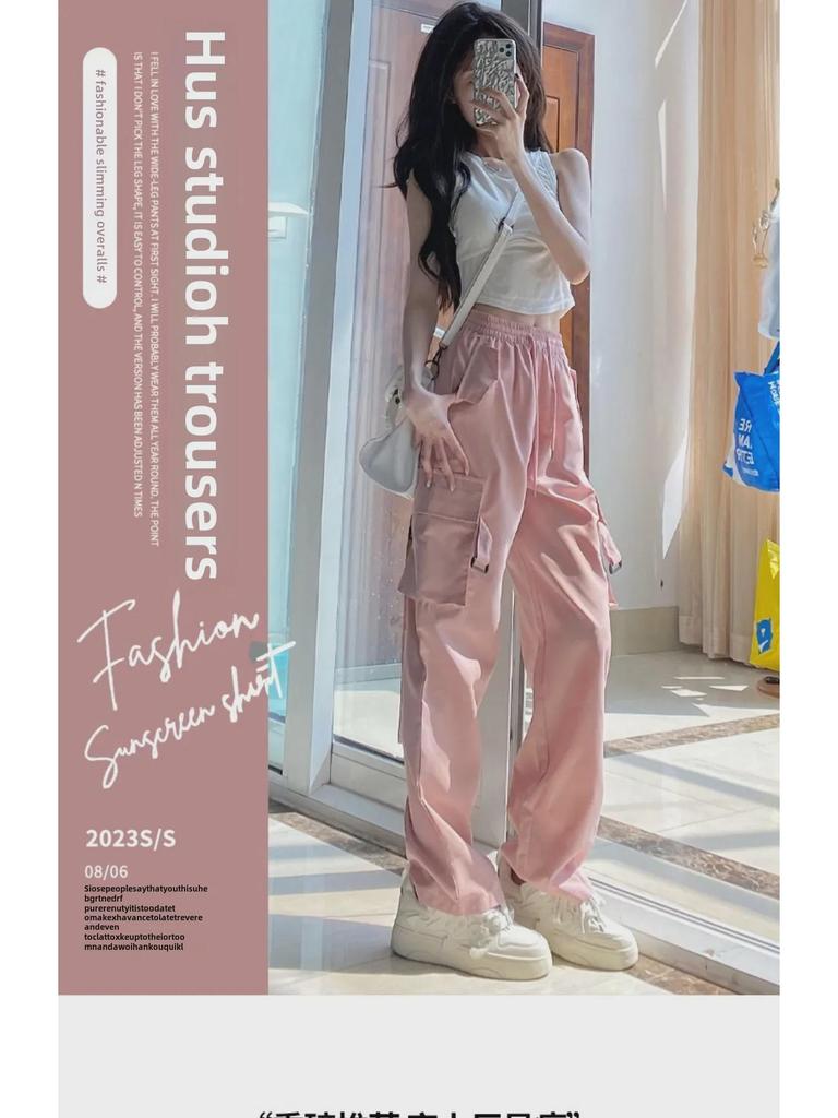 Damen Rosa High-Waist Slim Weitbein Lässige Sommer Latzhose - Trendiger Amerikanischer Sportstil