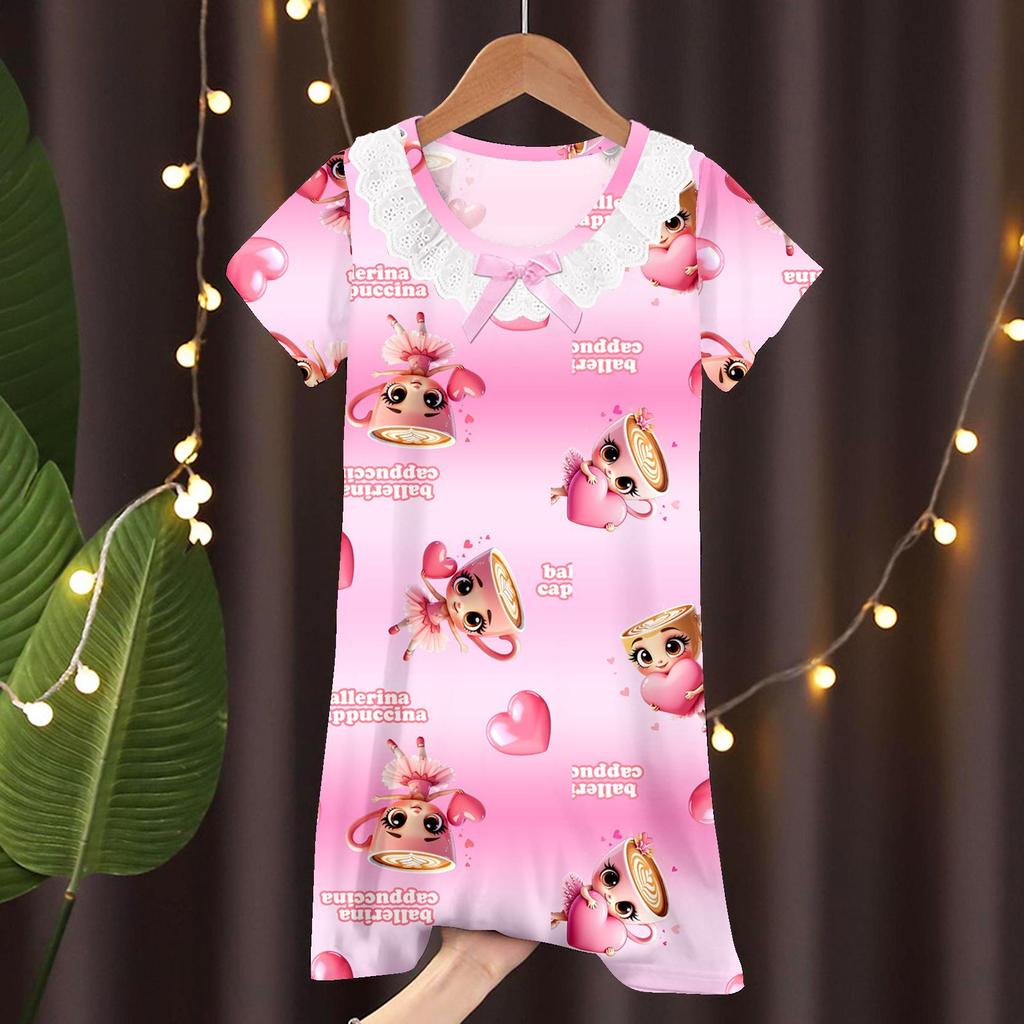Lace Short Sleeve Cartoon Nightgown for Girls - Summer Pajamas