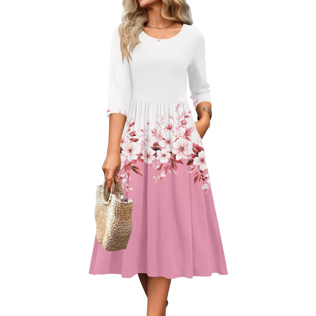 Rochie de damă cu mâneci 3/4, casual, fluidă, în A, midi, tip tricou, cu buzunare, cu gât rotund, pentru vacanță, boho, de plajă, de vară