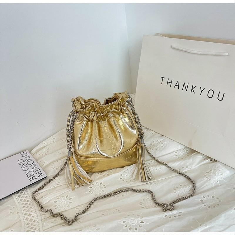 IELGY Damska srebrna modna torebka typu bucket z paskiem na łańcuszku i szufladą