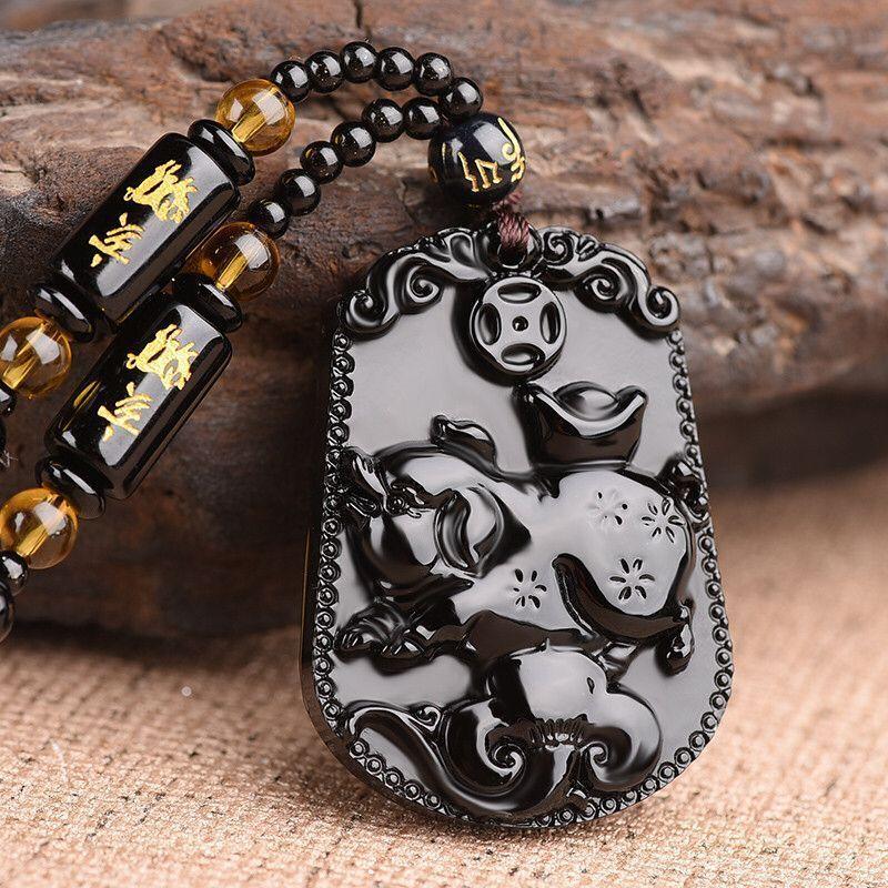Fashion Chinese Style Zodiac Obsidian Carving Animal Horse Pendant Charm Men and Women Couple Amulet Necklace