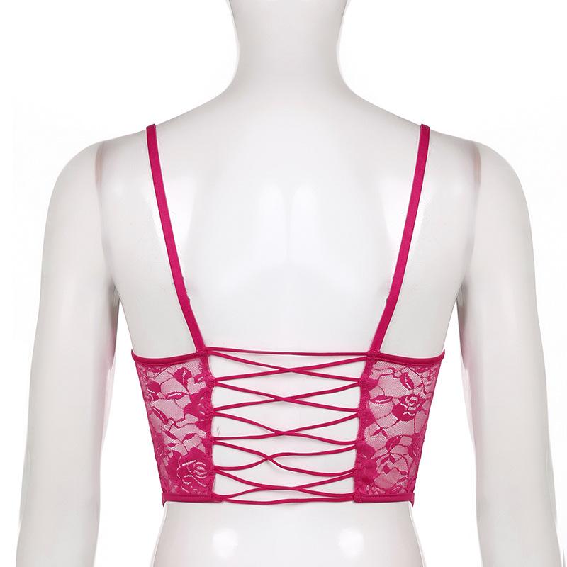 Mode rückenfreie Cross Strap Spitze Strapsweste Damen U-Ausschnitt zeigt Brust unregelmäßige Bodenbildung Tops