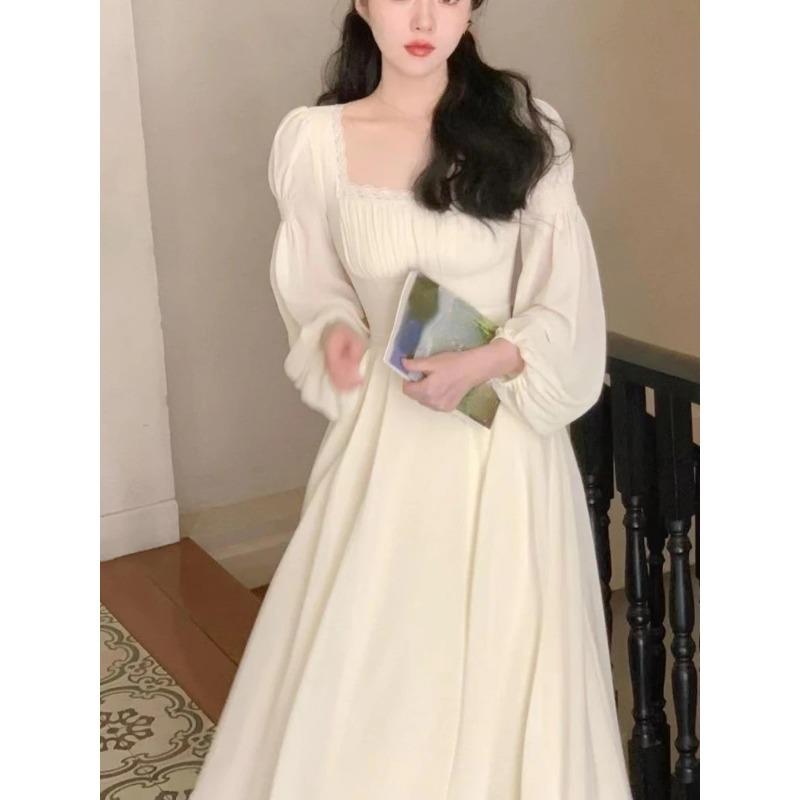 2026 Vestidos De Mujer Korean Chic Dress Women Square Collar Puff Sleeve Tunic Autumn Robe Vintage Lace Patchwork Maxi Dresses