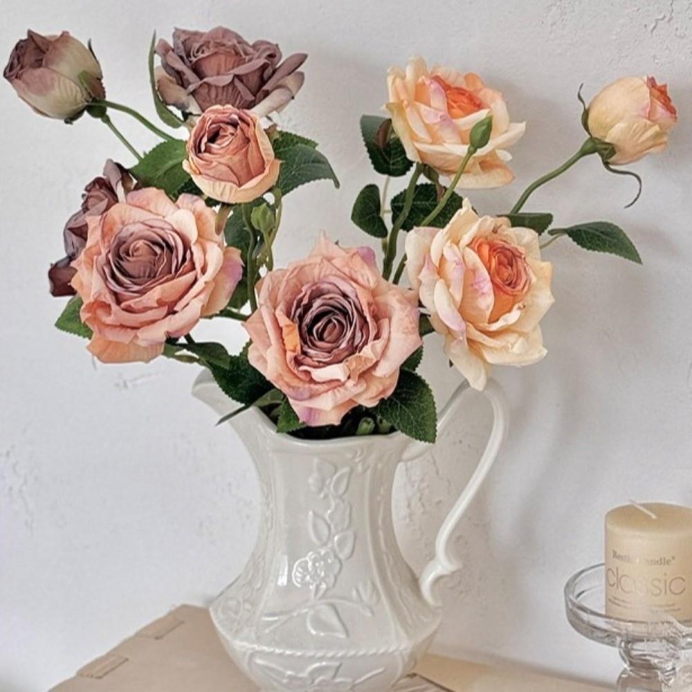 Fleurs de Rose Artificielles à 3 Têtes Bord Brûlé Bouquet de Pivoines Artificielles Rose Simulation Soie Cadeau Festif
