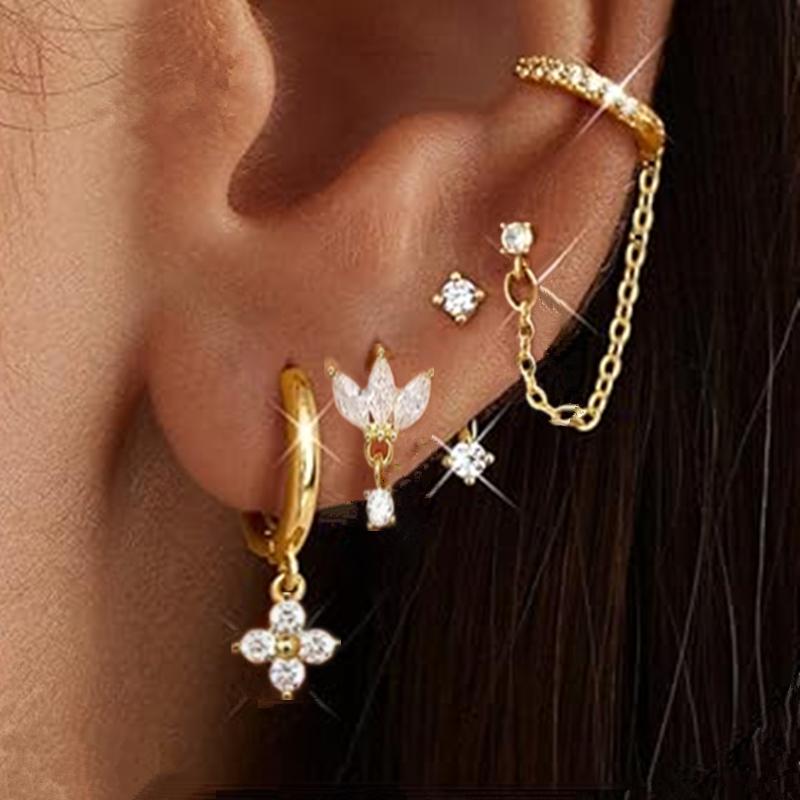 4PCS Double Piercing Chain Huggie Hoop Earring Lot For Women Tragus Stud Earrings Flower Cartilage Helix Jewelry Lobe Earing Set