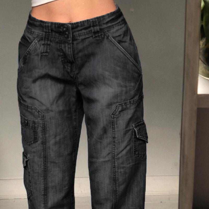 Tasche Jeans larghi impunturate Moda Streetwear Pantaloni in denim da donna Pantaloni cargo larghi Jeans coreani Pantaloni dritti Harajuku