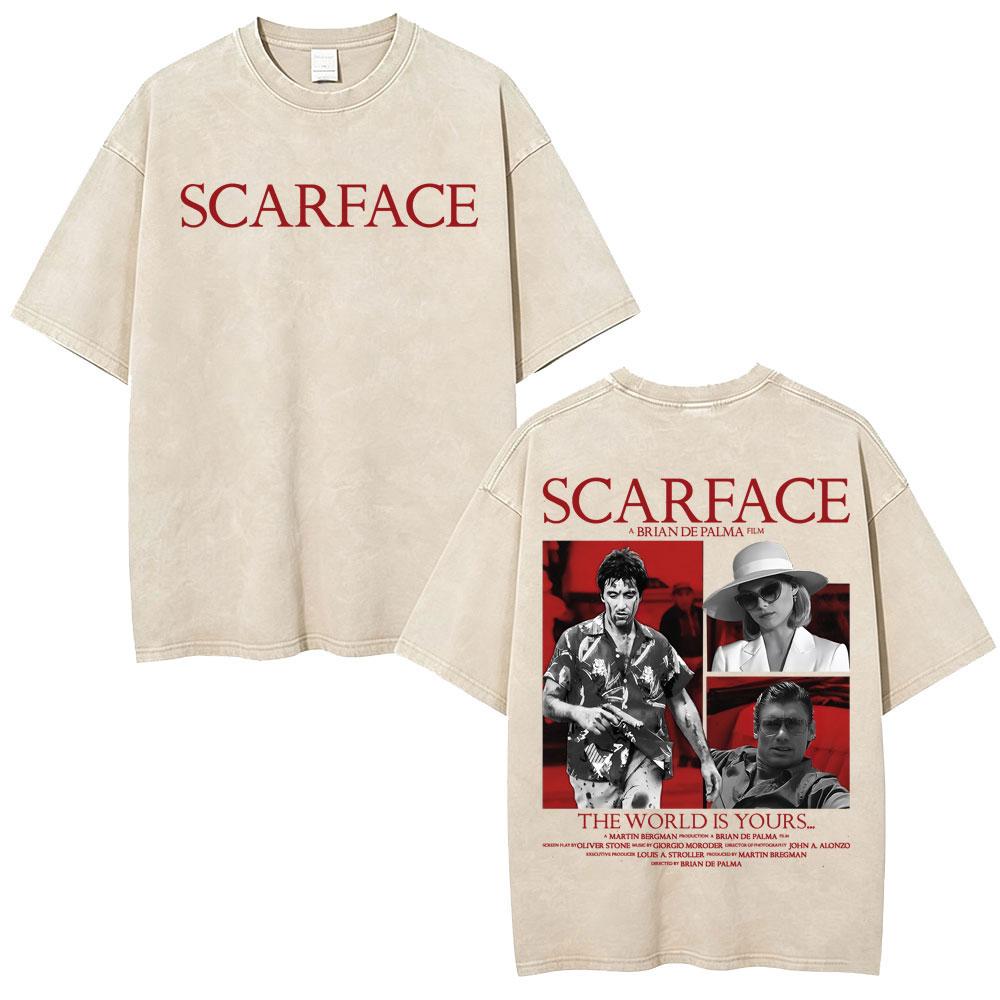 Movie Scarface The World Is Yours Vintage Washed Tshirt Tony Montana Al Pacino Unisex Unisex Clothing Oversized T Shirt Streetwear