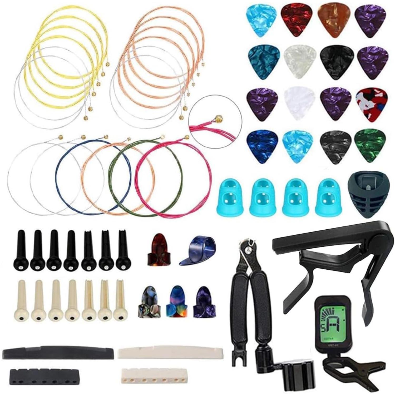 NERECNDENS 66PCS Guitar Accessories Kit, Acoustic Changing Tool, Including Guitar Acoustic Strings, Picks, Capo, String Winder&Cutter, Tuner, Bones 66-Pack