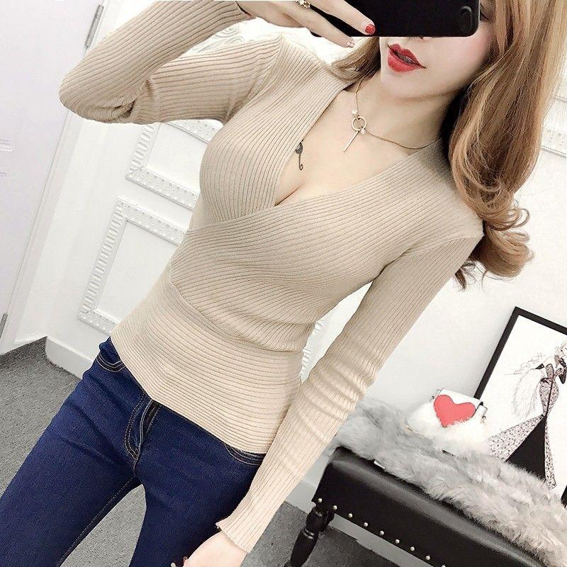 Pure desire sexy cross-neck long-sleeved knitted top women's spring and autumn new waist and thin high-end temperament bottoming shirt
