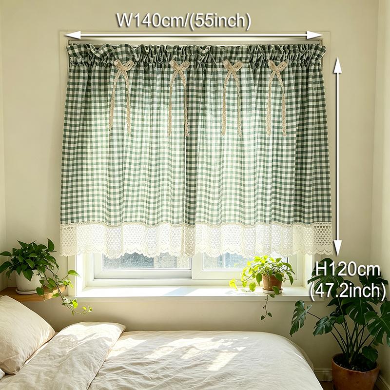 Moderne Groene Geruite Kleine Gordijnen Boho Beige Uitgesneden Kant met Strik Decor Halve Gordijn Voor Woonkamer Keuken en Kast S Rod Pocket