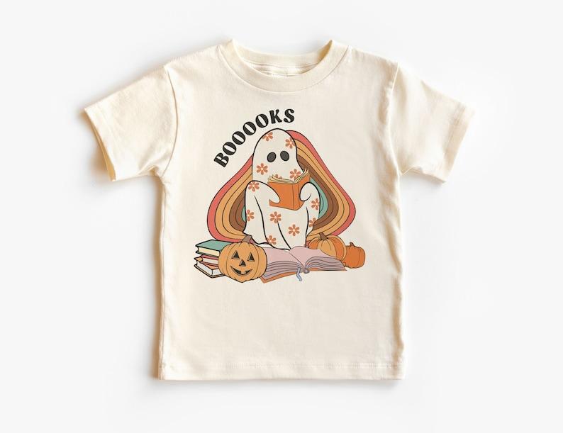 Retro Booooks Ghost Kids Shirt - Cute Reading Ghost Tee - Read More Books - Cute Halloween Costume - Toddler & Youth Boho Natural T-Shirt 120