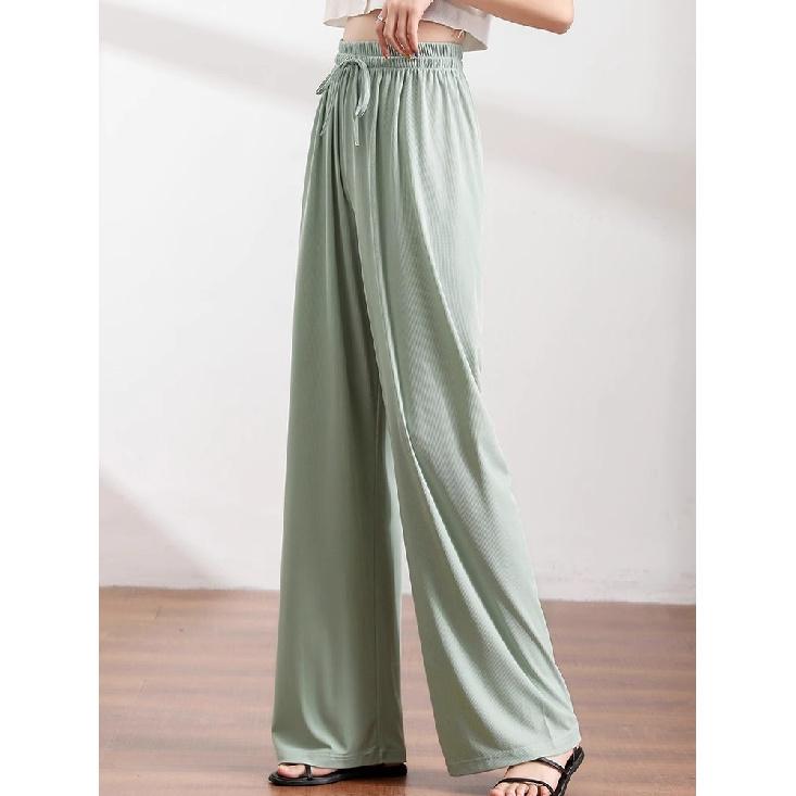Slacks Women'S Loose Summer Pants Soft Ice Silk Ankle-Length Black Wide Leg Pants Grey Khaki Women High Waisted Trousers