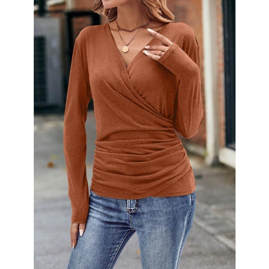 Women's Spring Autumn T Shirt Fashion Slim Fit Waist Pleated V-neck Fashion Elegant Women Top