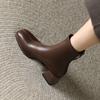 Leather short boots women's thick heel autumn and winter new medium heel high heel boots brown small thin boots