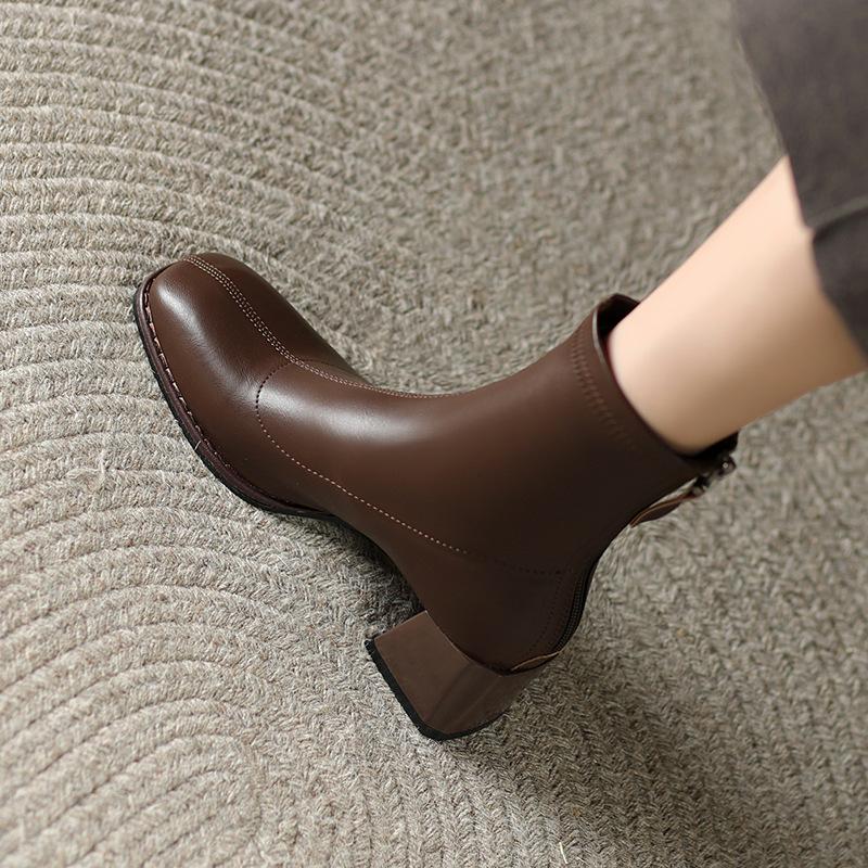 Leather short boots women's thick heel autumn and winter new medium heel high heel boots brown small thin boots