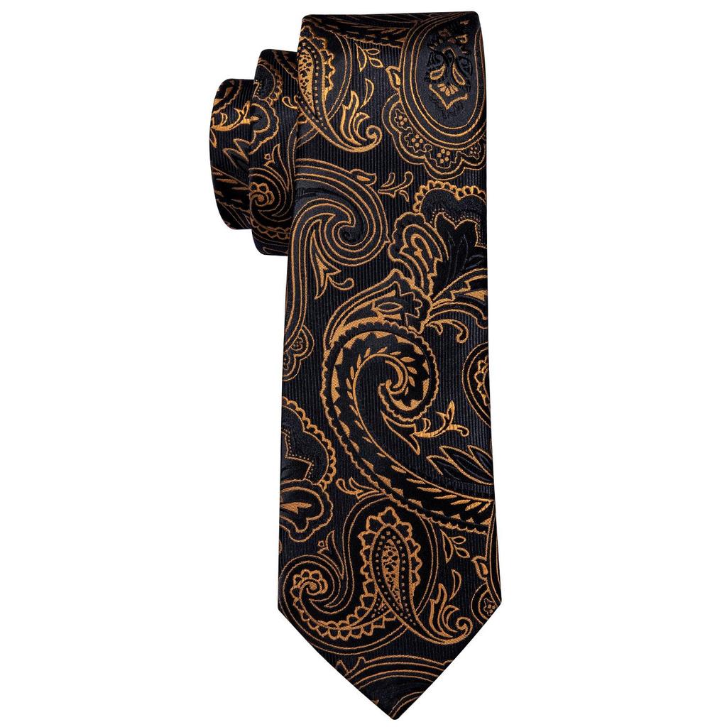 Barry.Wang Gold Black Jacquare Ties Fashion Set Hanky Cufflinks Neckties for Men Woven Silk