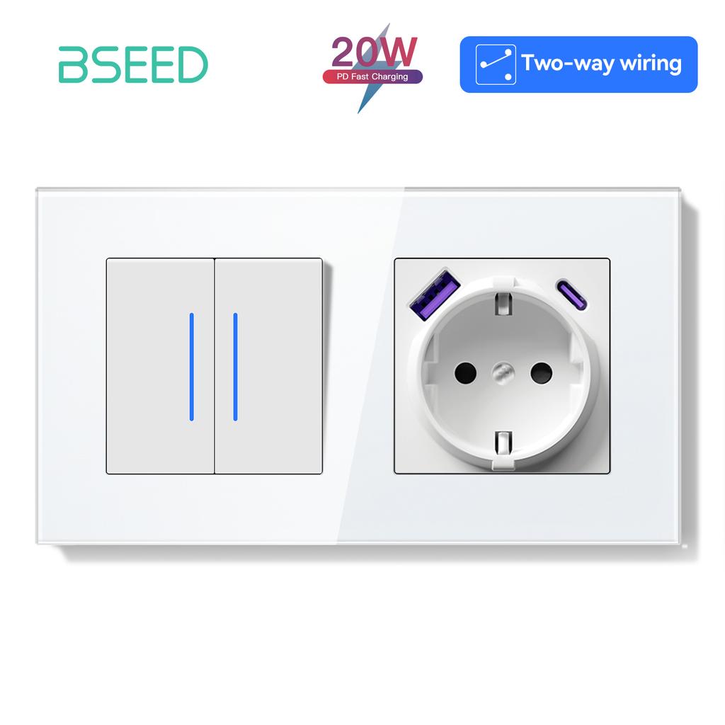 BSEED 1/2Gang Mechanical Light Switches 2way Pass Through Switch With EU Socket USB Type-c LED Indicator Glass Frames E Series