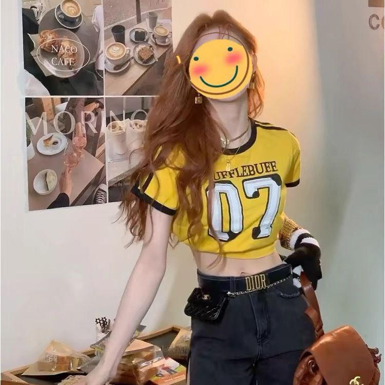 Ретро американский стиль желтый кроп-топ для девочек - Маленькая летняя футболка с коротким рукавом, универсальная Small