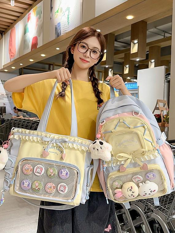 Women's Color Block College-Style Backpack with Ballet Ruffle Lace Design