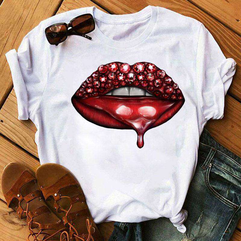 Lippen Reine Baumwolle Bedruckt Unisex und Damen Modetrend T-Shirt Sommer Neu Personalisiert Rundhals Locker Lässig T-Shirt