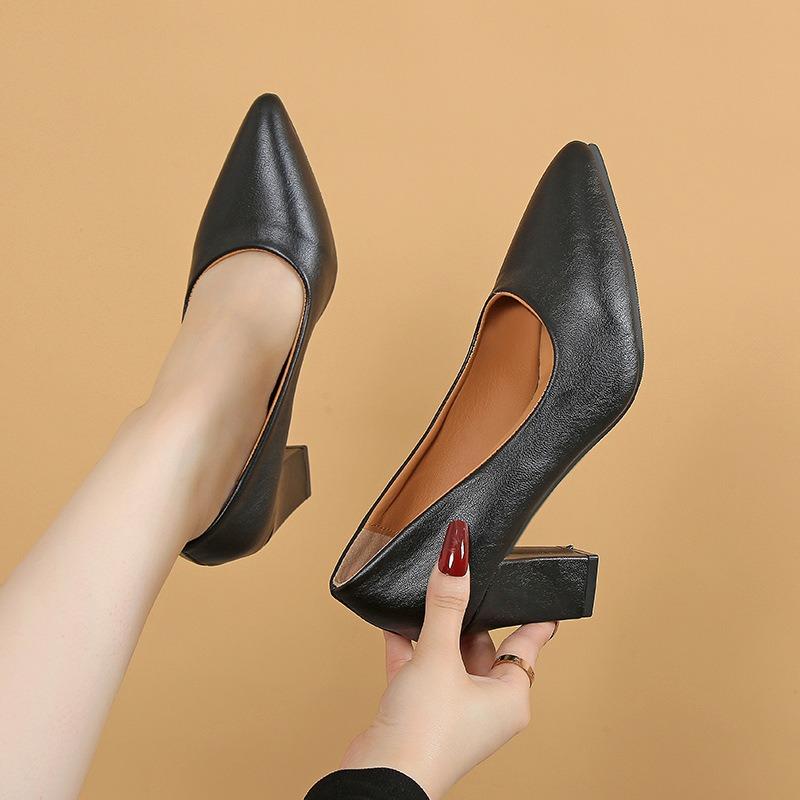 Fashion single shoes women's thick heel spring and summer new pointed work shoes shallow mouth pedal high heels