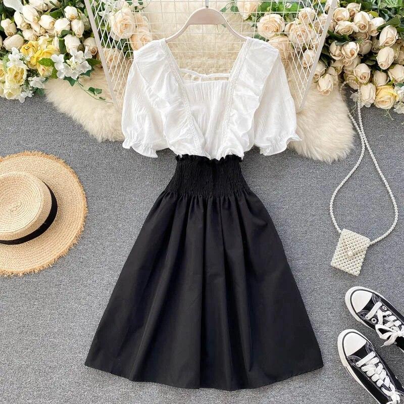 Французское платье серии для первого свидания, Новое поступление, летняя одежда, облегающая юбка трапециевидной формы с милыми листьями лотоса и цветной строчкой One Size чёрный